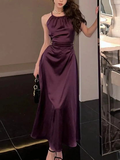 Vintage Satin Midi Dresses for Women New Summer French Fold Hollow Out Elegant Prom Fashion Slim Casual Female Clothes Robe