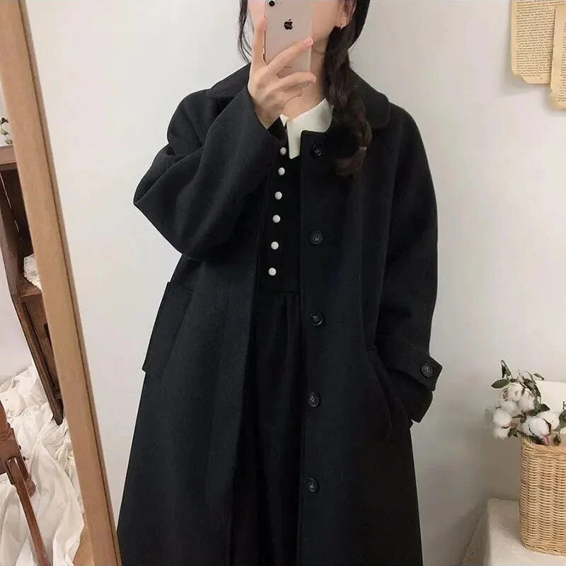 Autumn Winter Women Faux Woolen Coat Fashion Korean Oversized Midi Thicke Jacket Harajuku Solid Elegant All Match Blends Outwear