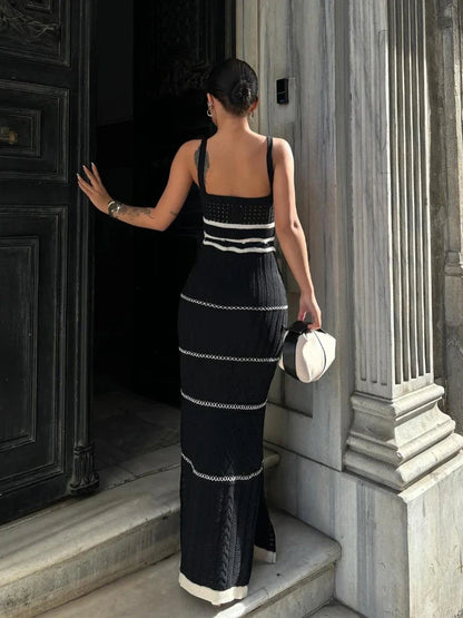 Women's Sexy Hollow Out Spaghetti Strap  Long Dress Contrasting Knit Elegant Backless Side Slit Holiday Party Maxi Dress