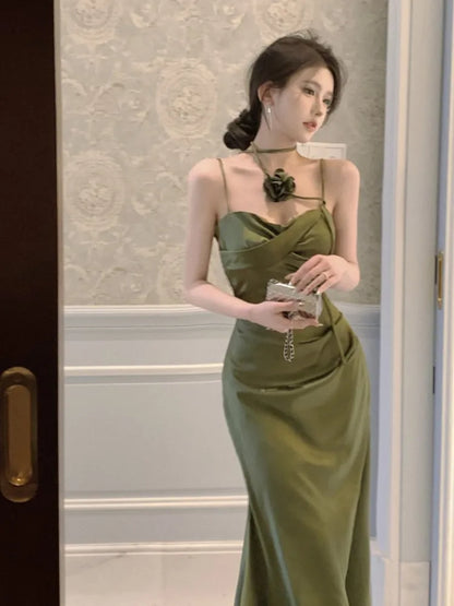 Elegant Solid Satin Midi Dresses for Women Spaghetti Strap Bodycon 3D Flower Slim Corset Evening Party One Piece Lady Vestidos