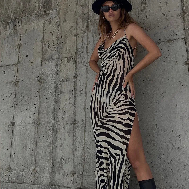 YESMYTOOL  -  Zebra Stripes Printed Strap Maxi Dress Elegant Party Beach Vacation Robe 2024 Summer New Fashion Sexy Backless Split Vestidos