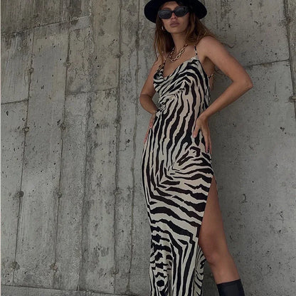 YESMYTOOL  -  Zebra Stripes Printed Strap Maxi Dress Elegant Party Beach Vacation Robe 2024 Summer New Fashion Sexy Backless Split Vestidos