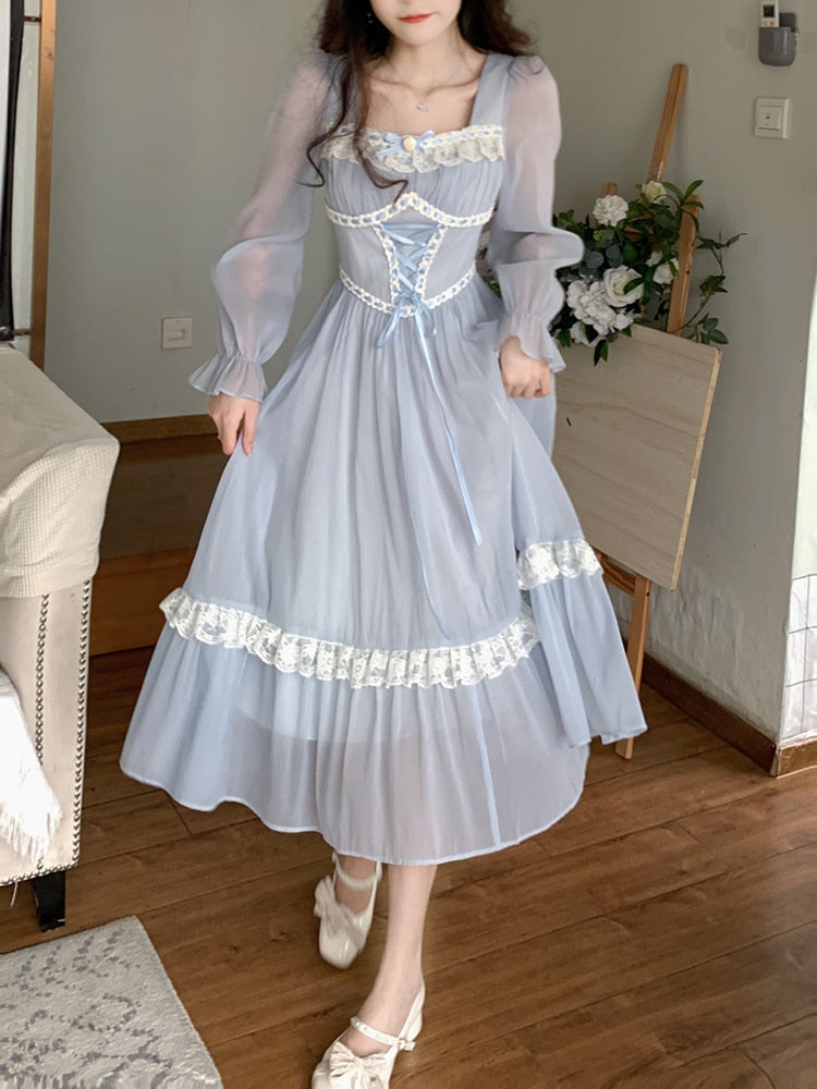 Summer Vintage Fairy Dress Women Bow Lace Korean Style Mid Dress Female Blue Lace Long Sleeves Elegant Party Dress Casual