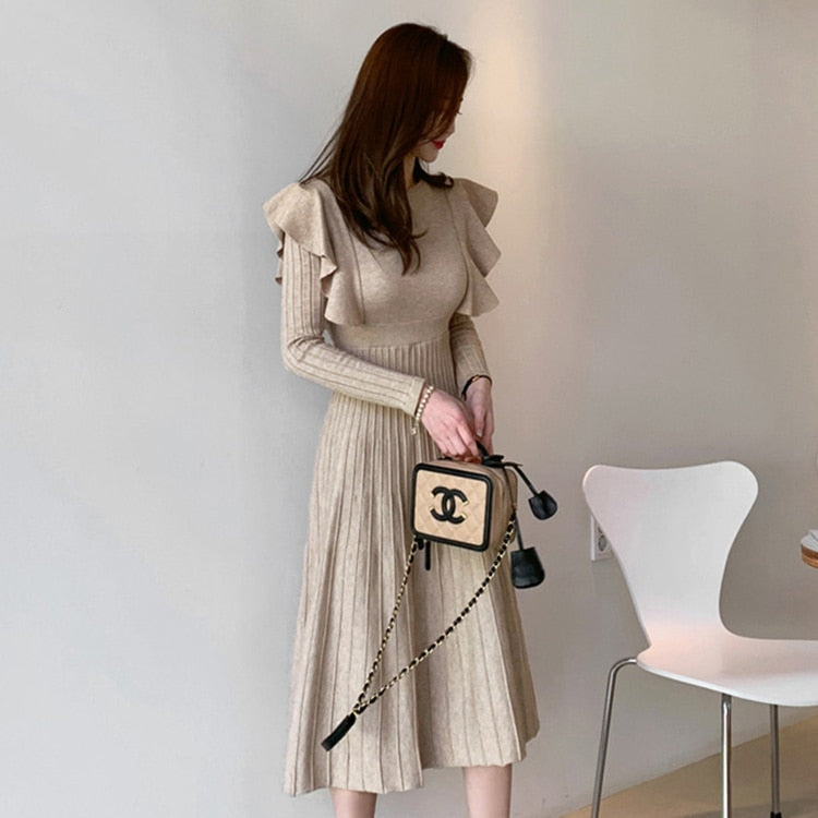 Vintage Elegant O-Neck Female Thicken Knit Long Dress Slim Full Sleeve Ruffles Women Sweater Dresses Vestidos Autumn Winter