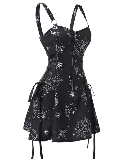 Sun Star Print Dress Half Zipper Lace Up High Waisted Strap A Line Mini Robe Fashion Casual Tank Playsuit For Women