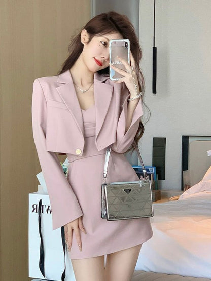 Autumn Pink Two Piece Dress Set Women Blazer Coat+Strap Dress Set Female Casual Korean Fashion Slim Elegant Dress Suit