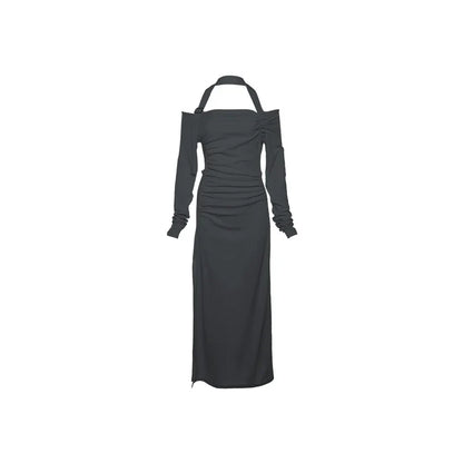 Autumn Evening Party Intellectual Elegant Dignified Mature Sexy Feminine Pure Color Simple Women'S  Long Neck Dress