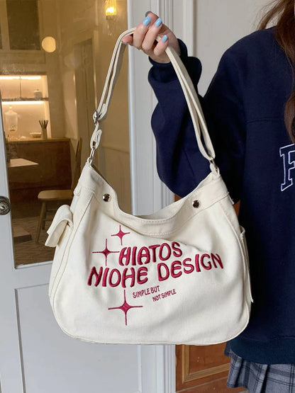 Women Canvas Tote Shoulder Crossbody Bags Large Capacity Letters Embroidered Handbags Female Travel Hobo Messenger Book Bag