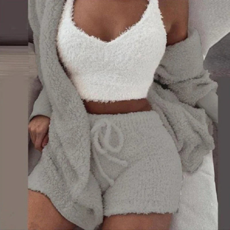 Women's Comfortable Knit Pajama Set Crop-top with V-neck Winter Plush Loungewear Casual 3-Piece Set Long Sleeve Shorts Sports