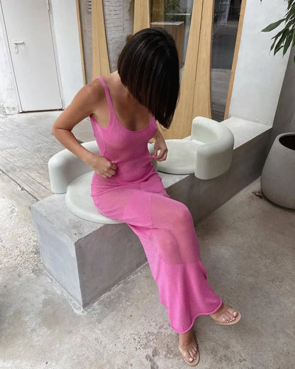 Sexy Backless Beach Dress Women Mesh Splice See Through Knitted Long Dresses Hot Girls Party Slim Elegant Cover-up Dress