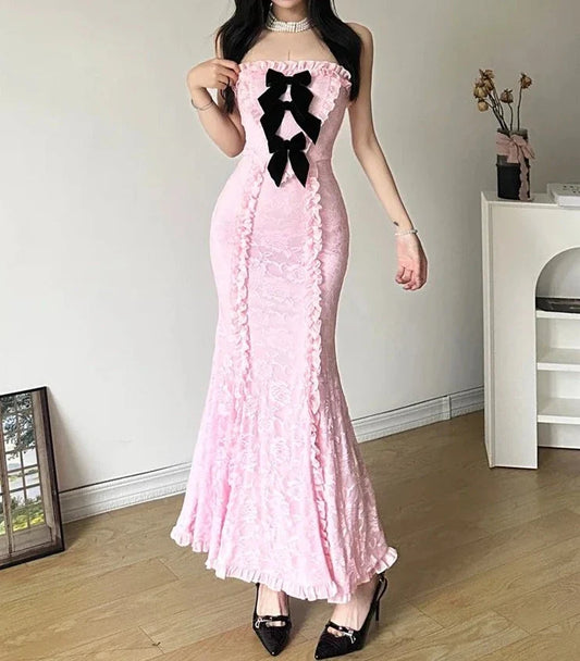 Winter Bachelor Party Formal Pink Sweet Tight Sexy Mature Beautiful Confident Women'S Long Pleated Chest Wrap Dress