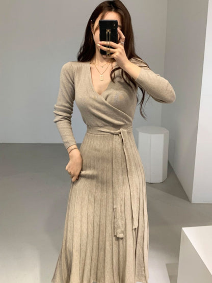 Stretchy Women Knitted Bodycon Pencil Dress New Autumn Winter Solid Vestidos Long Sleeve V Neck Slim Lady Chic Korean Dress