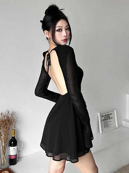 Backless Black Dress Women Elegant Back Hollow Out Lace-up Long Sleeve Mesh Sheer Sexy A-line Mini Dress Evening Party