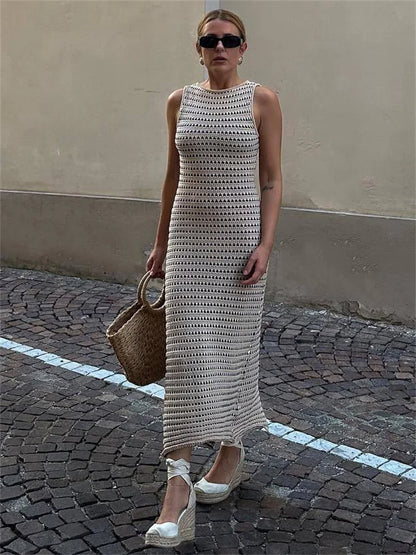 Striped See-Through Long Dress Female Elegant Sleeveless High Waist Patchwork Fashion Beach Dress Knit Maxi Dress Summer