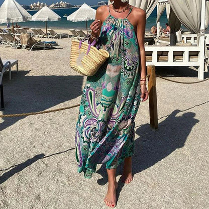 YESMYTOOL  -  Women Fashion Printing Sling Boho Long Dress Spring Halter Sleeveless Loose Party Dress Summer Casual Holiday Beach Maxi Dresses