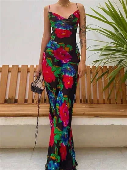 Striped Printed Backless Maxi Dress For Women Spaghetti Slim Fashion Elegant Party Long Dress Gown Boho Summer Dress