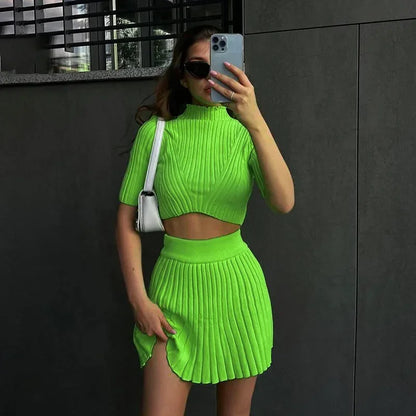 Fashion Elegant Knitted Dress Sets Sexy Pleated Matching Set Outfits for Women Winter Mini Skirts 2 Piece Sets Dress for Women