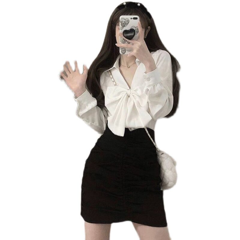 New Spring 2 Piece Skirts Set Women Long Sleeve V-neck Loose Bow Shirt + Mini Skirts Sweet Fashion Suit Korean  Clothing