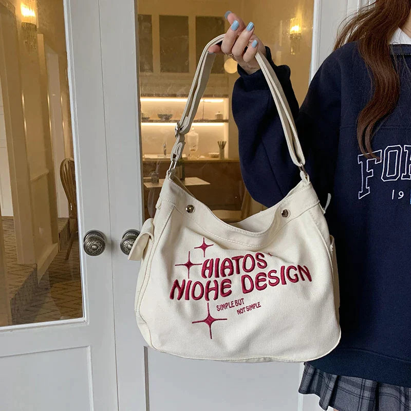 Women Canvas Tote Shoulder Crossbody Bags Large Capacity Letters Embroidered Handbags Female Travel Hobo Messenger Book Bag