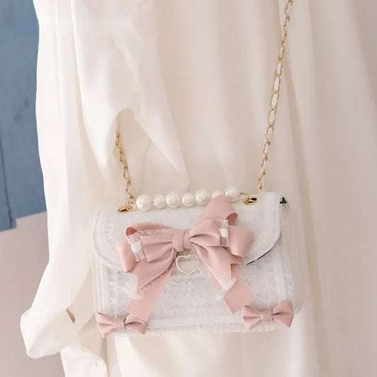 MBTI Bow Lace Shoulder Bag for Girl Pearl Jk Kawaii New Trend Purse Japan Style Gentle Female Designer Crossbody Bag