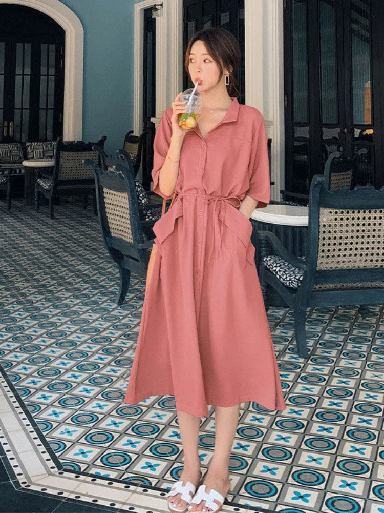 YESMYTOOL  -  Elegant Vintage Long Dress Women Summer Loose Casual Shirt Dresses Office Lady Solid High Street Korean Fashion Robe