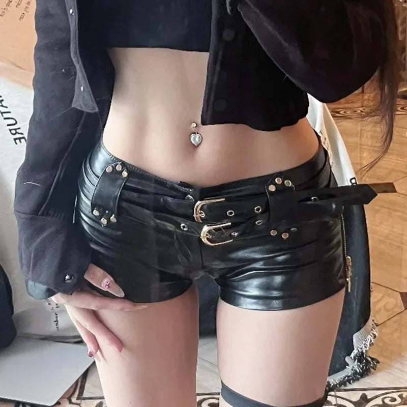 Women Sexy Side Zipper Splicing Ultra Short Shorts Low Waist Leather Belt Mini Trousers Female Slim Hip Lift Three Quarter Pants