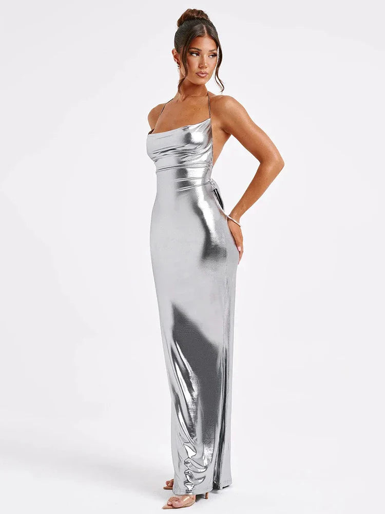 Satin Backless Sexy Maxi Dress For Women Fashion Spaghetti Strap Solid Bodycon Long Dress Femme Club Party Long Dress