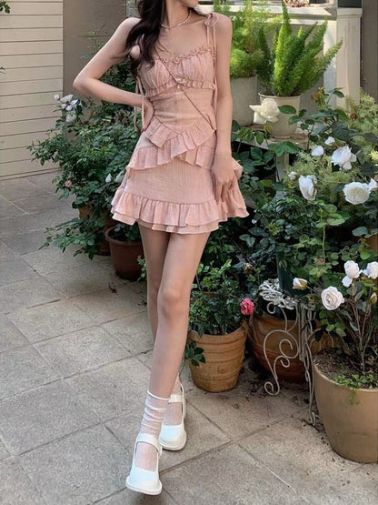 Summer Pink Strap Dress Office Lady Casual Sleeveless Beach Style Y2k Mini Dress Even Party Outwear One Piece Dress Korean