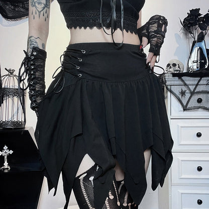 Bandage Side Pointed Hem Mini Skirt Grunge Style Black High Waist A-line Skirt Punk Emo Sexy Women Alternative Bottoms