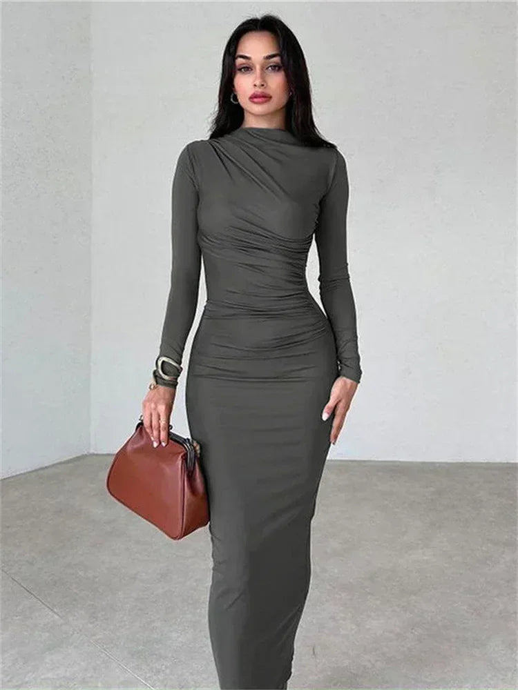 Fashion Pleated Autumn Dress Patchwork Elegant Women Long Sleeve Solid Vestidos Slim High Waist Bodycon Maxi Dress