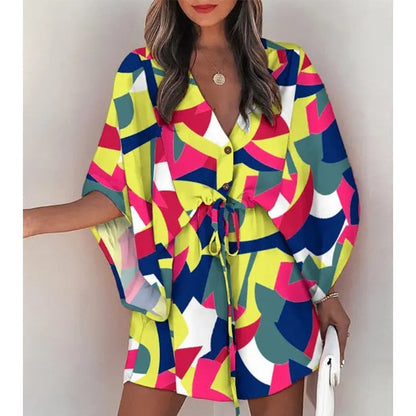 Summer Boho Mini Dress Women Flora Print Batwing Sleeve Lace-Up V Neck Loose Button Dresses Ladies Beach Party Dress Vestido