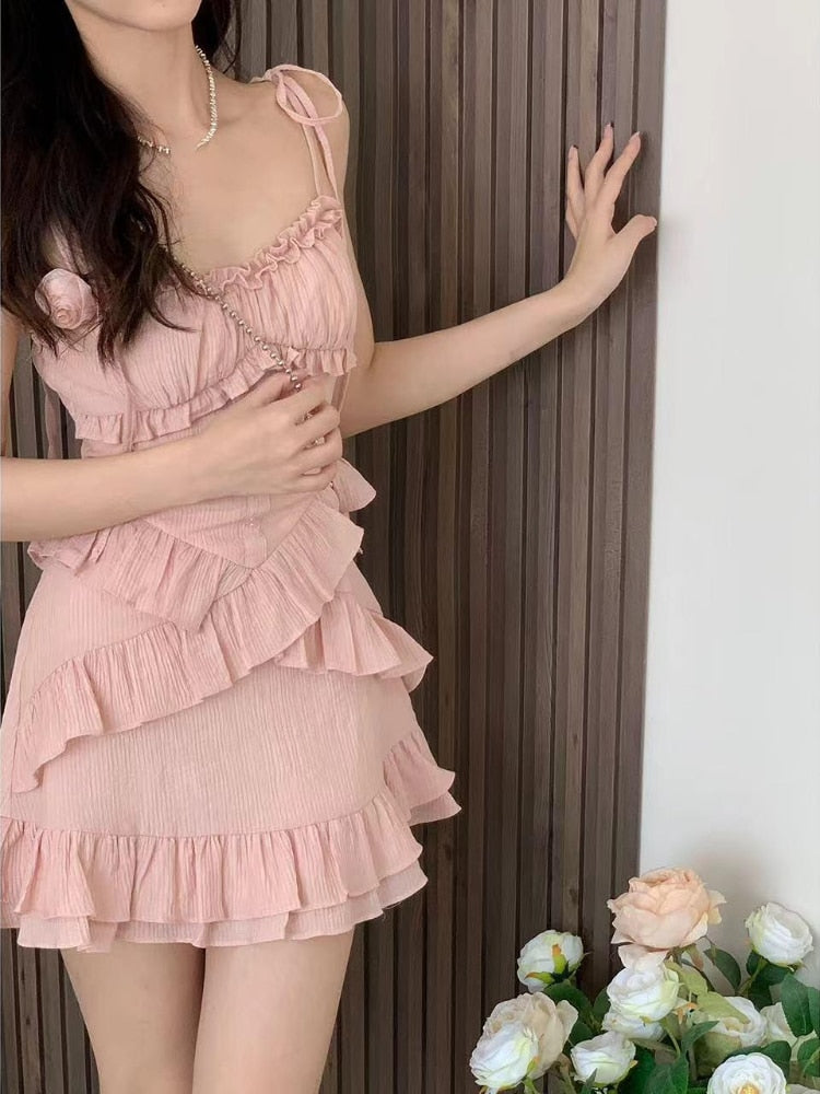 Summer Pink Strap Dress Office Lady Casual Sleeveless Beach Style Y2k Mini Dress Even Party Outwear One Piece Dress Korean