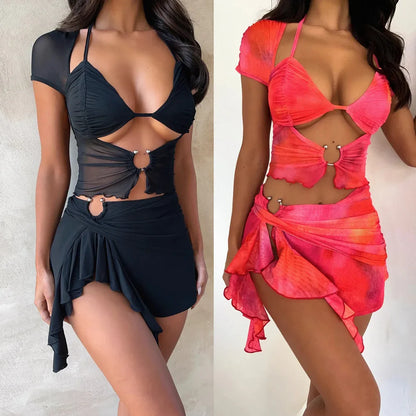 YESMYTOOL  -  Hawiano Women Backless Bikini Cover-Up Dress, Short Sleeve Skirt, Black Holiday Dress, Female, Sexy, Revealing, Hot Summer, New