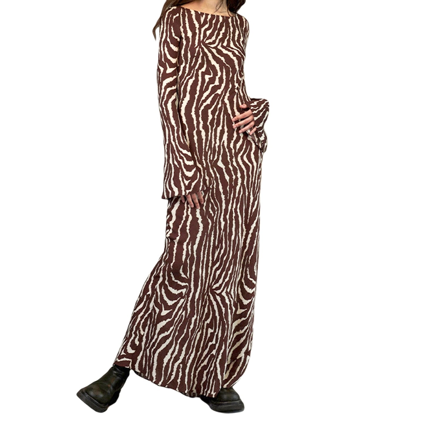 Women Leisure Style Zebra Print Long Dress Retro Casual Long Sleeve Flared Cuff Round Collar Slim Fit Summer Dresses Vintage