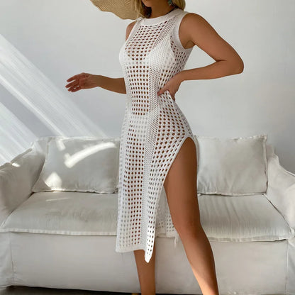 YESMYTOOL  -  Crochet Knitted Beach Dress Vacation Sexy Solid Round Neck Sleeveless Breathable High Split Dress Bikini Cover Up Bathing Suit