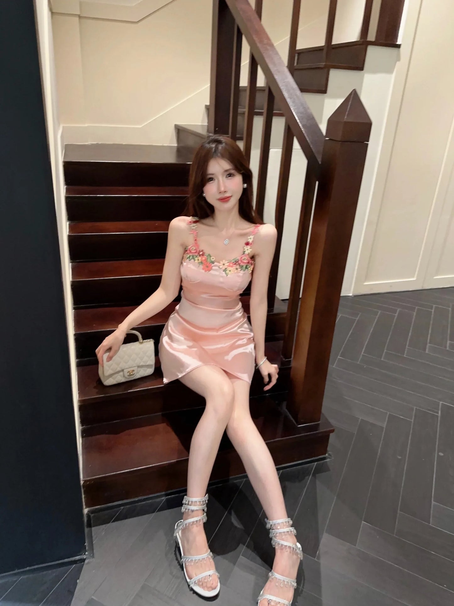 YESMYTOL  -  Mesh Three-dimensional Flower Halter Slim Pink Holiday Style Sexy Pure Desire Dress Woman Chinese Traditional Style