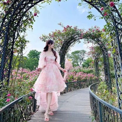 Women's Bubble Sleeves Pink Formal Occasion Evening Dress Elegant and Beautiful Retro Fragmented Flowers Sweet Mid Length Dress