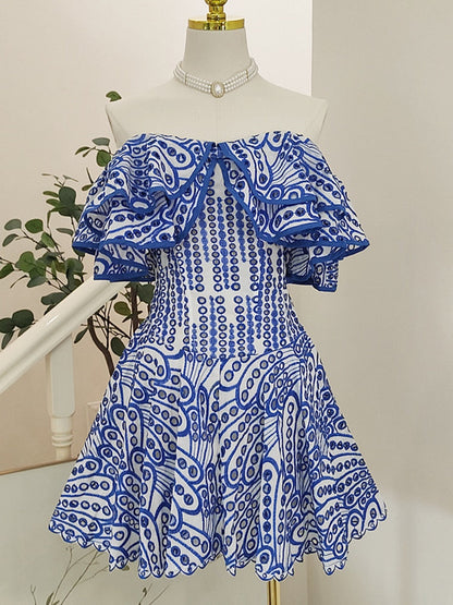 Retro Blue Printed Hollow Out Design Slim Fit Ruffles Patchwork Strapless Sleeveless Dress Beach Holiday Dresses Autumn