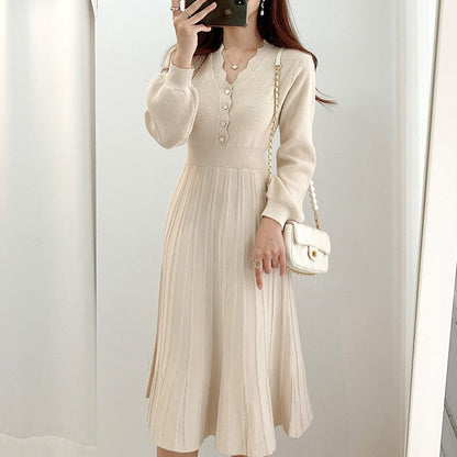 Vintage One Piece Korean Pleated Dress Long Sleeve Slim Woman Sweater Dresses Knitted Elegant Midi Party Woman Dress Autumn