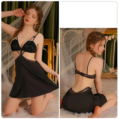 YESMYTOOL  -  Sexy Lingerie Satin Lace V-neck Women's Pajamas With Chest Pad Nightdress Robe Sleepwear Homewear Set Erotic Wedding Nightgowns