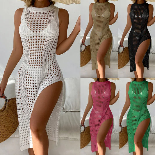 YESMYTOOL  -  Crochet Knitted Beach Dress Vacation Sexy Solid Round Neck Sleeveless Breathable High Split Dress Bikini Cover Up Bathing Suit