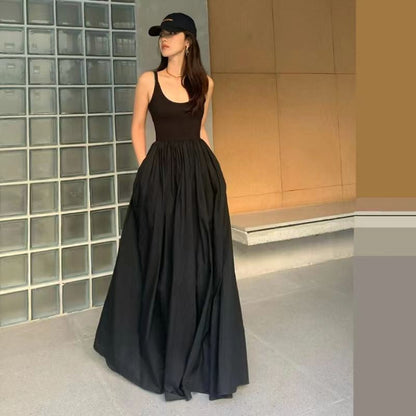 Style High Waist Sleeveless Midi Dress Women Summer Slim A Line Camis Dress Gothic Black Pleated Party Night Dress