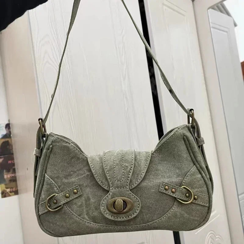 Y2k Vintage Shoulder Bag American Street Style Rivets Green Canvas Handbag Gothic Punk Biker Cool Designers Underarm Bag