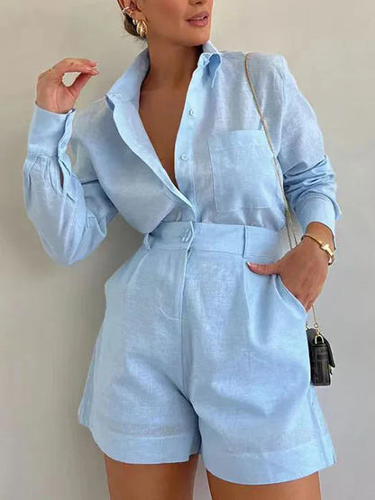 dingdamall  -  Casual Shorts for Women Fashion Long Sleeve Streetwear 2 Piece Set Solid Loose Button Sashes Pockets 2024 New Spring Summer Sets