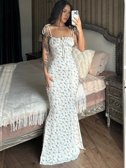 Floral Dress Women Elegant Summer Off Shoulder Lace Up Deep V Neck Dresses Ladies Holiday Casual Beach Long Dress Woman