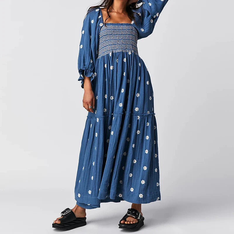 YESMYTOOL  -  Beach Style Holiday Ruffle Swing A Line Maxi Dress Bohemian Floral Dress Women Lady Square Neck Long Sleeve Club Party Dress