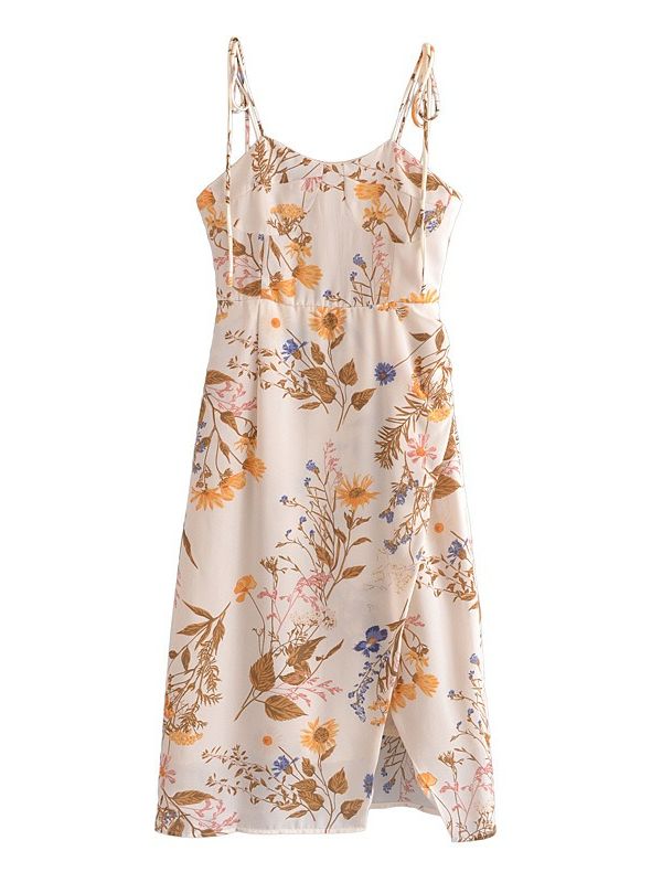 Vintage France Floral Print Adjust Lacing up Spaghetti Strap Midi Dress Sexy Women Elastic Back Hem Split Sling Dresses