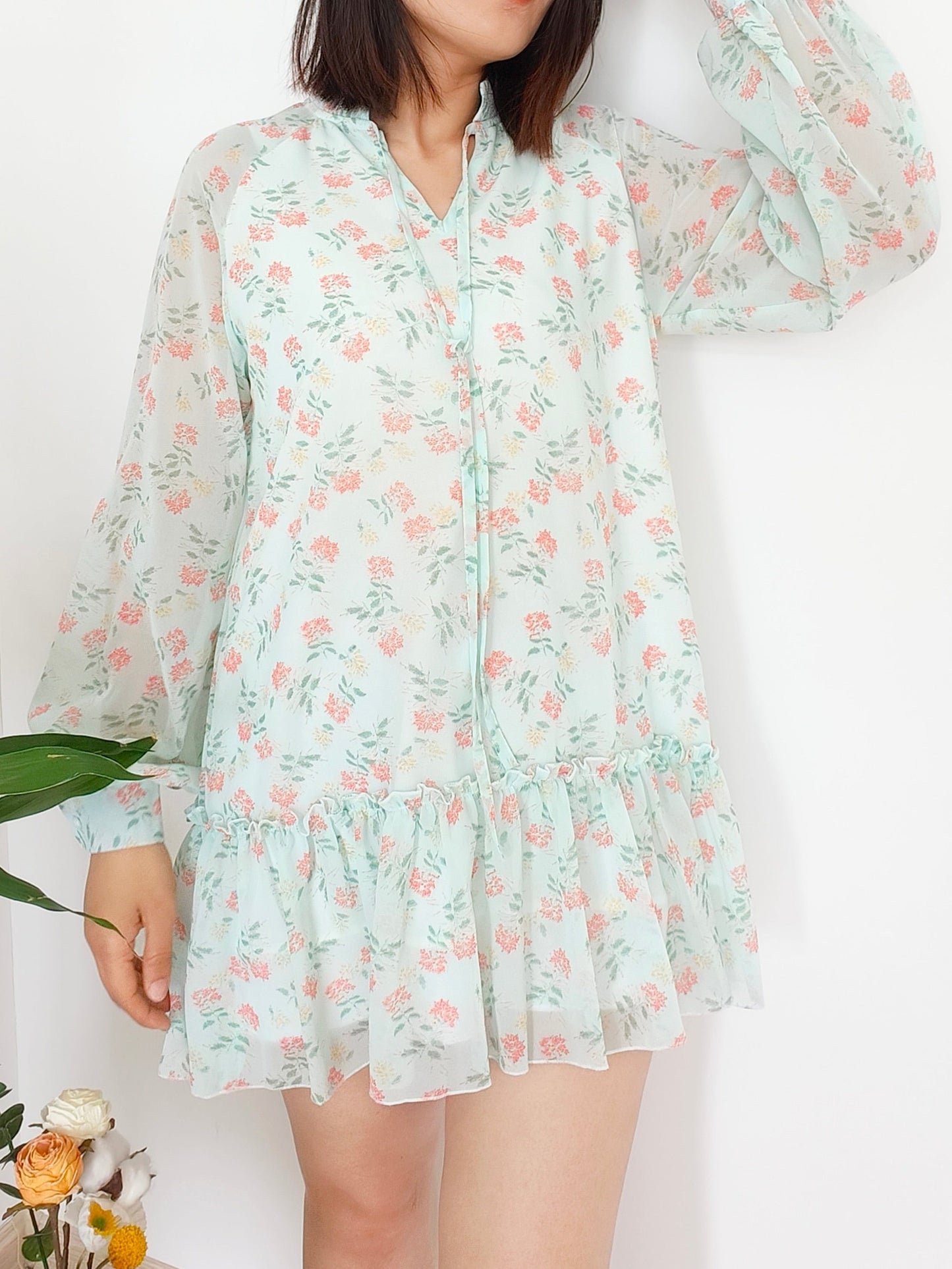 Summer Floral Print Chiffon Dress for Petite Women Sexy A-line Mini Dress with Flower Long Shirts Loose Women Ruffles Blouse Top