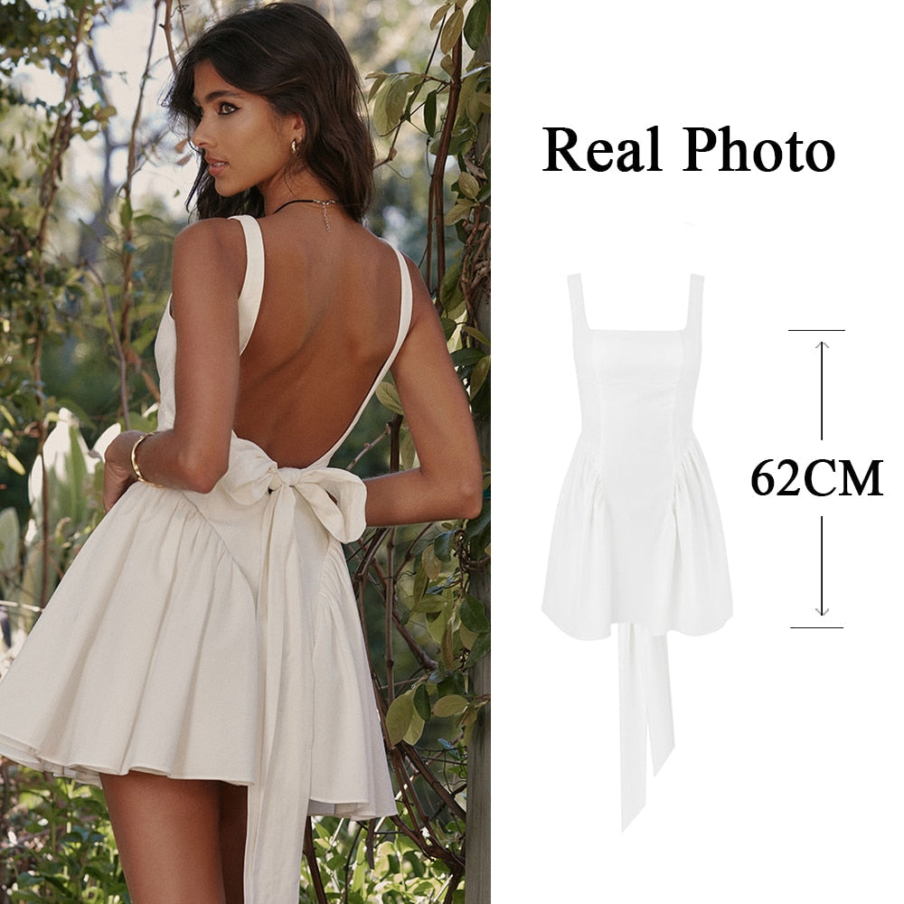 Summer Sexy Square Collar Backless Party Dresses Mini White Drape A Line Night Date Dress Big Bow Women New In Dress