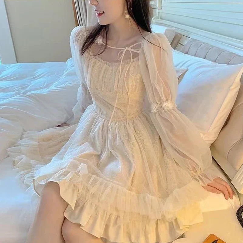 Long Sleeve Kawaii Lolita Dress Women Casual Vintage Mini Dress Female Japanese Fairy Aesthetic Style One Piece Dress